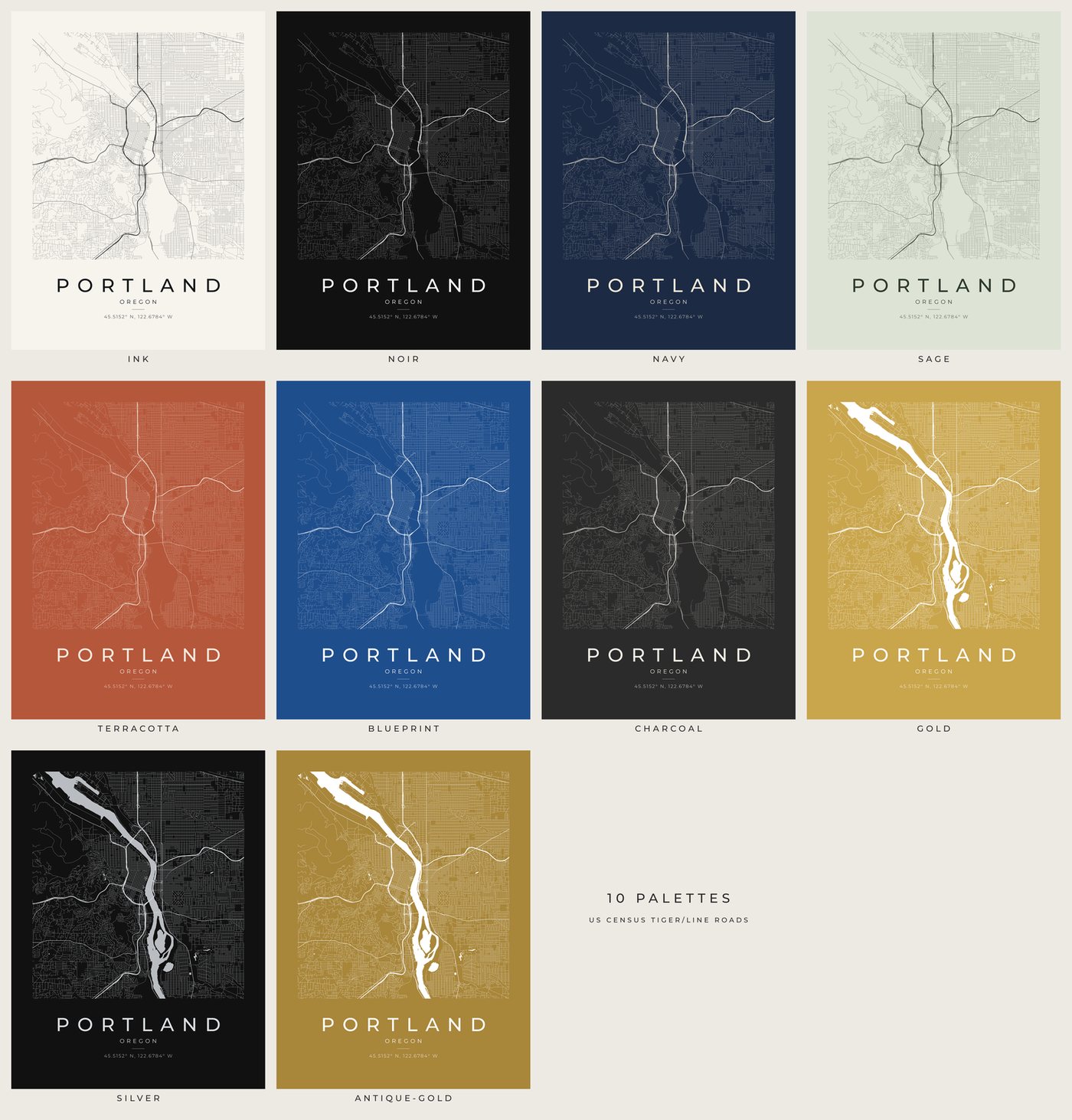 One Portland map shown in ten palettes