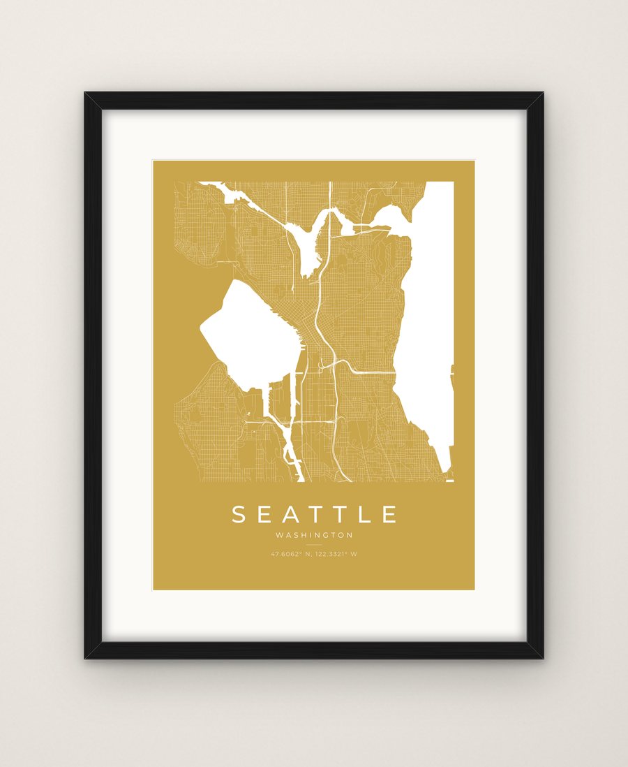 Seattle in gold with white streets and water